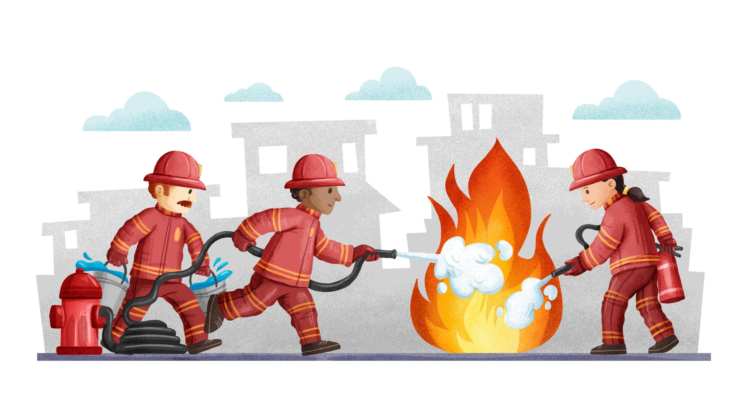 cartoon of a fire being put out by the fire department