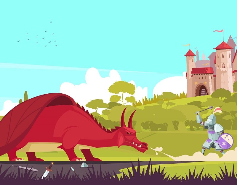 knight vs dragon with castle in background