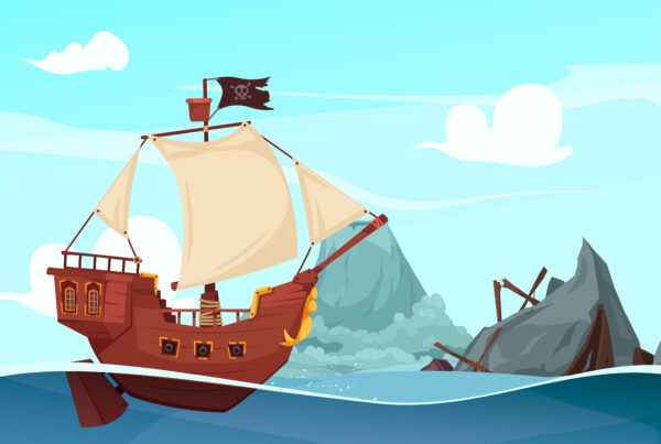 an illustration of a sailboat sailing in the sea near a rock