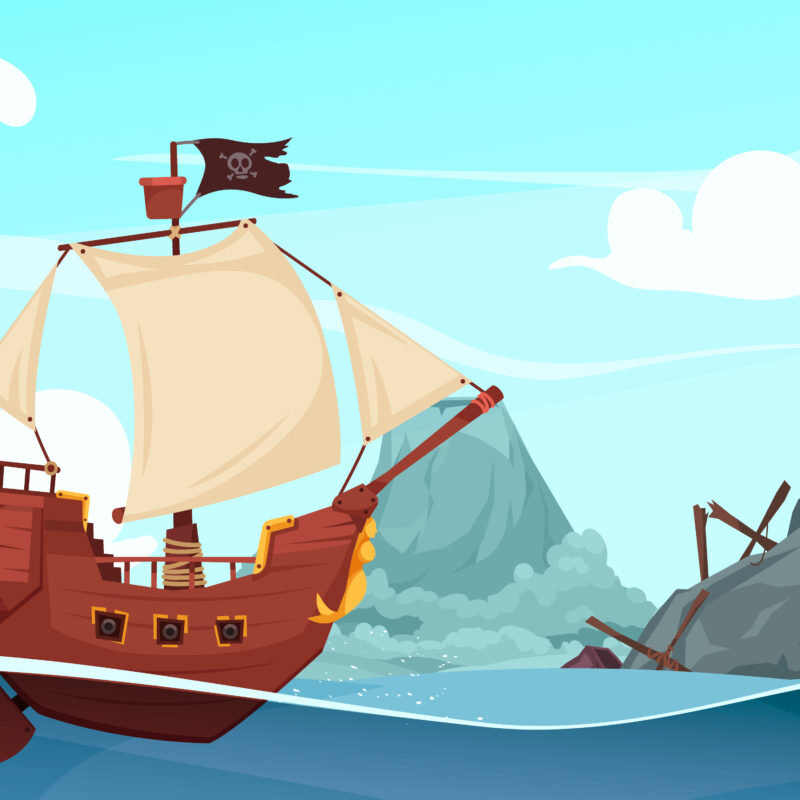an illustration of a sailboat sailing in the sea near a rock
