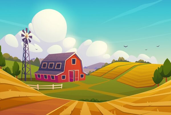 a cartoon image of a barn with rolling crop fields