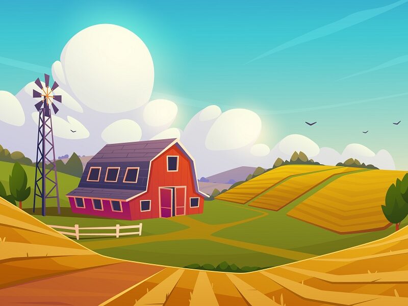 a cartoon image of a barn with rolling crop fields