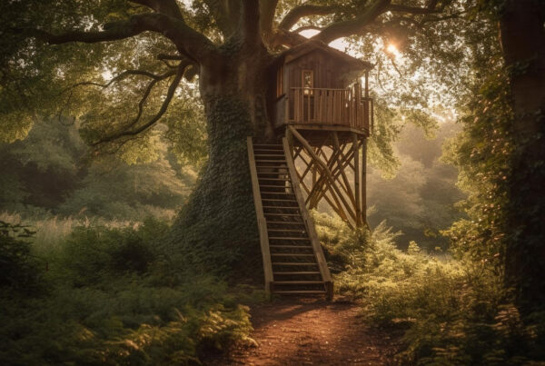 a 3D render of a treehouse on a large tree