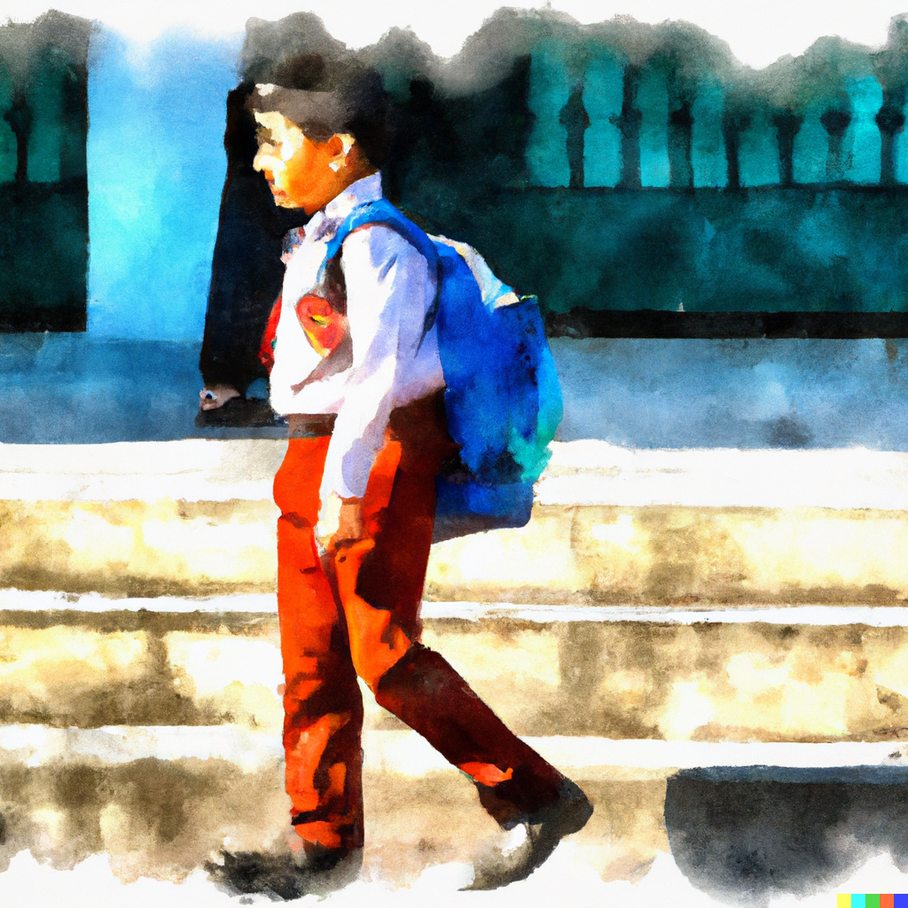 a water color photo o a boy walking to school with a backpack