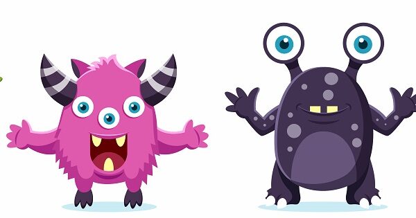 four cartoon monsters waving