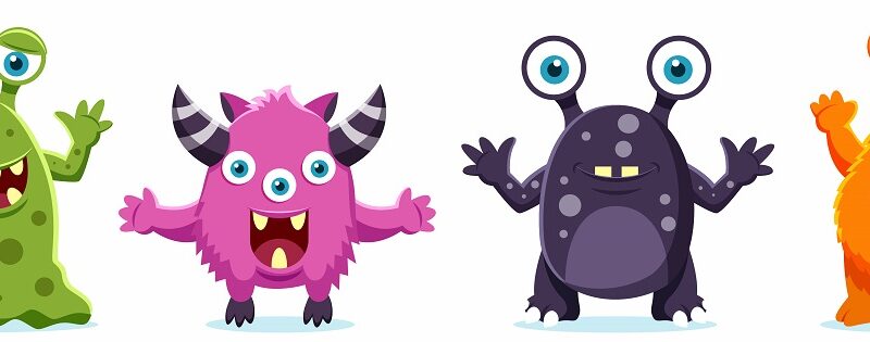 four cartoon monsters waving