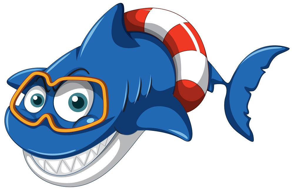 a cartoon picture of a shark with a life savor ring and goggles