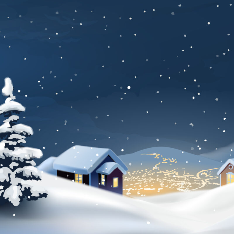 a graphic of a snow night with a cabin