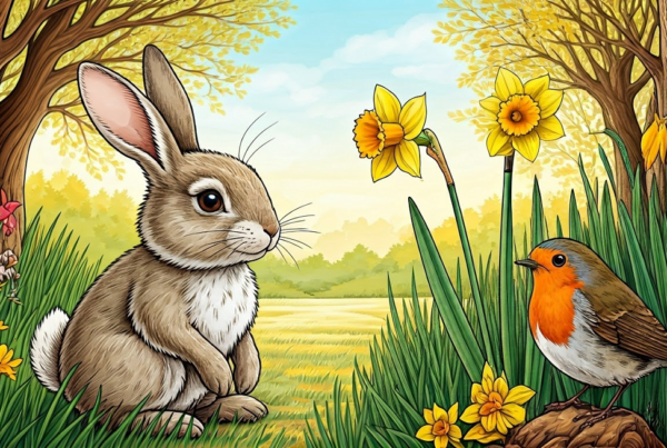 bunny and rabbit looking at flower