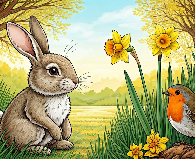 bunny and rabbit looking at flower
