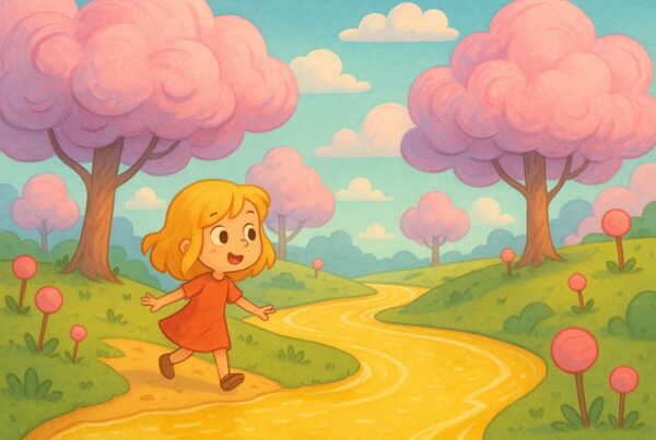 girl walking through cotton candy tree forest