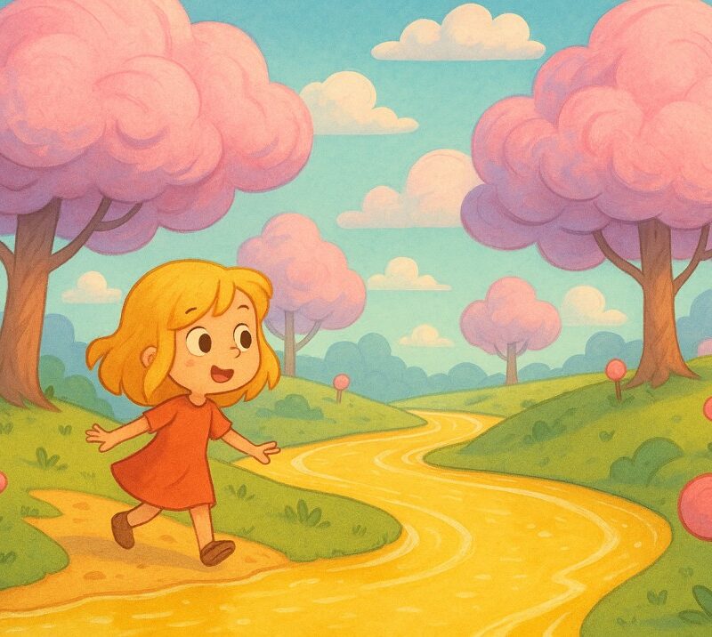 girl walking through cotton candy tree forest